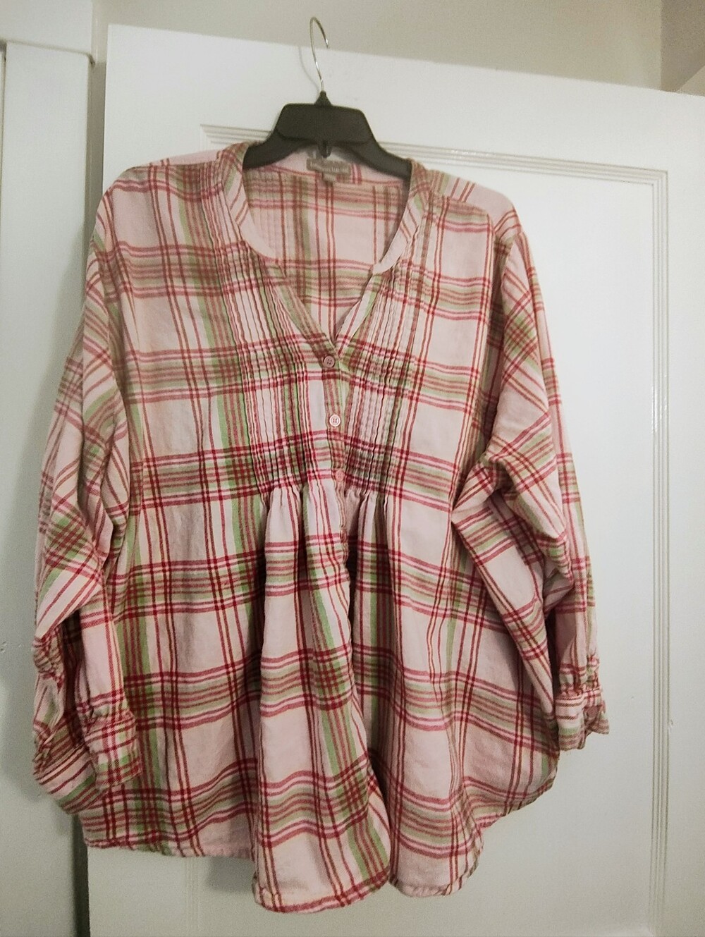 Woman Within 4X Pink Plaid Tunic Top Pintuck Button Blouse Cottagecore
